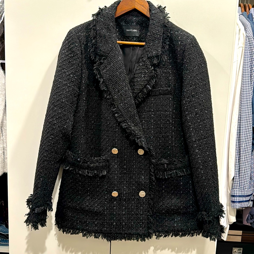 Dulce Cabo, Black Tweed Double Breasted Jacket - Size Large / 12.